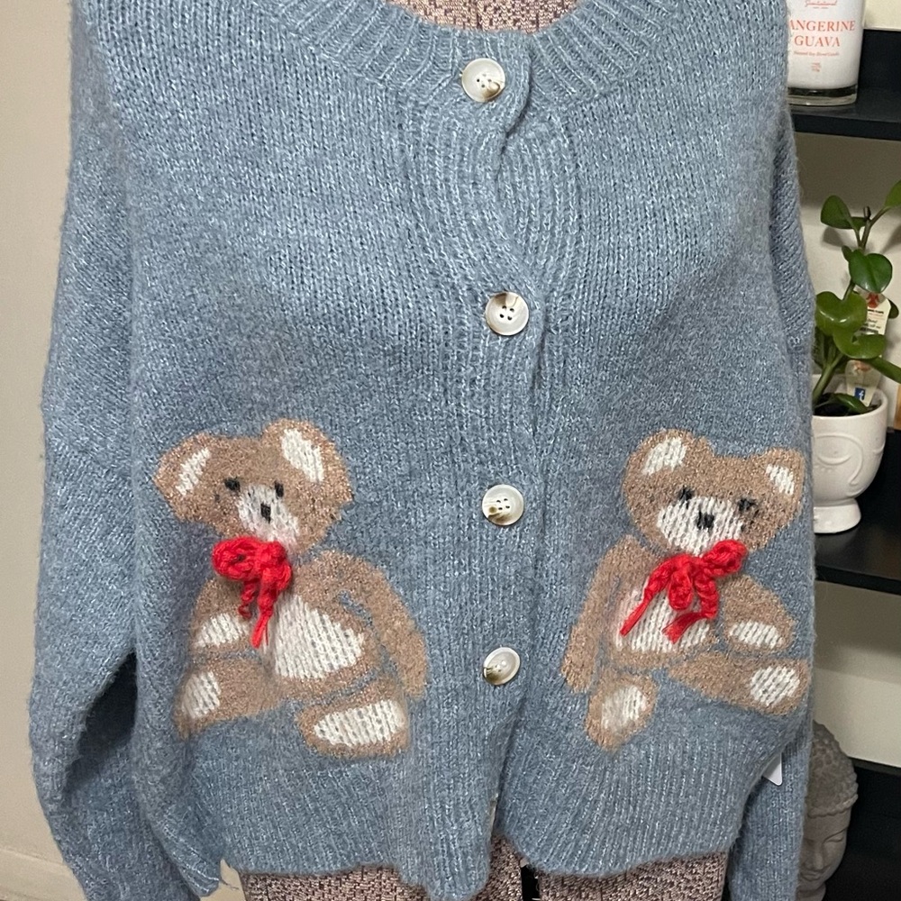 Anthropolgie Luna Ivy Blue Teddy Bear Women's Cardigan Med